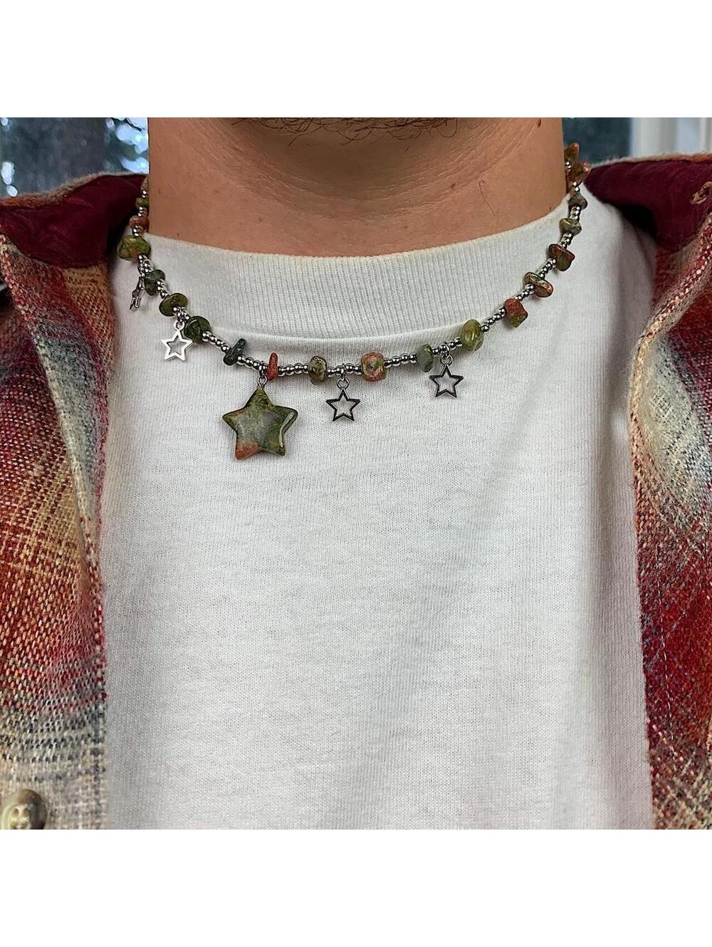 Y2k 2000s style Earth Tone Star Rock Silver Beaded Pendant Necklace. Chain is - Picture 2 of 8